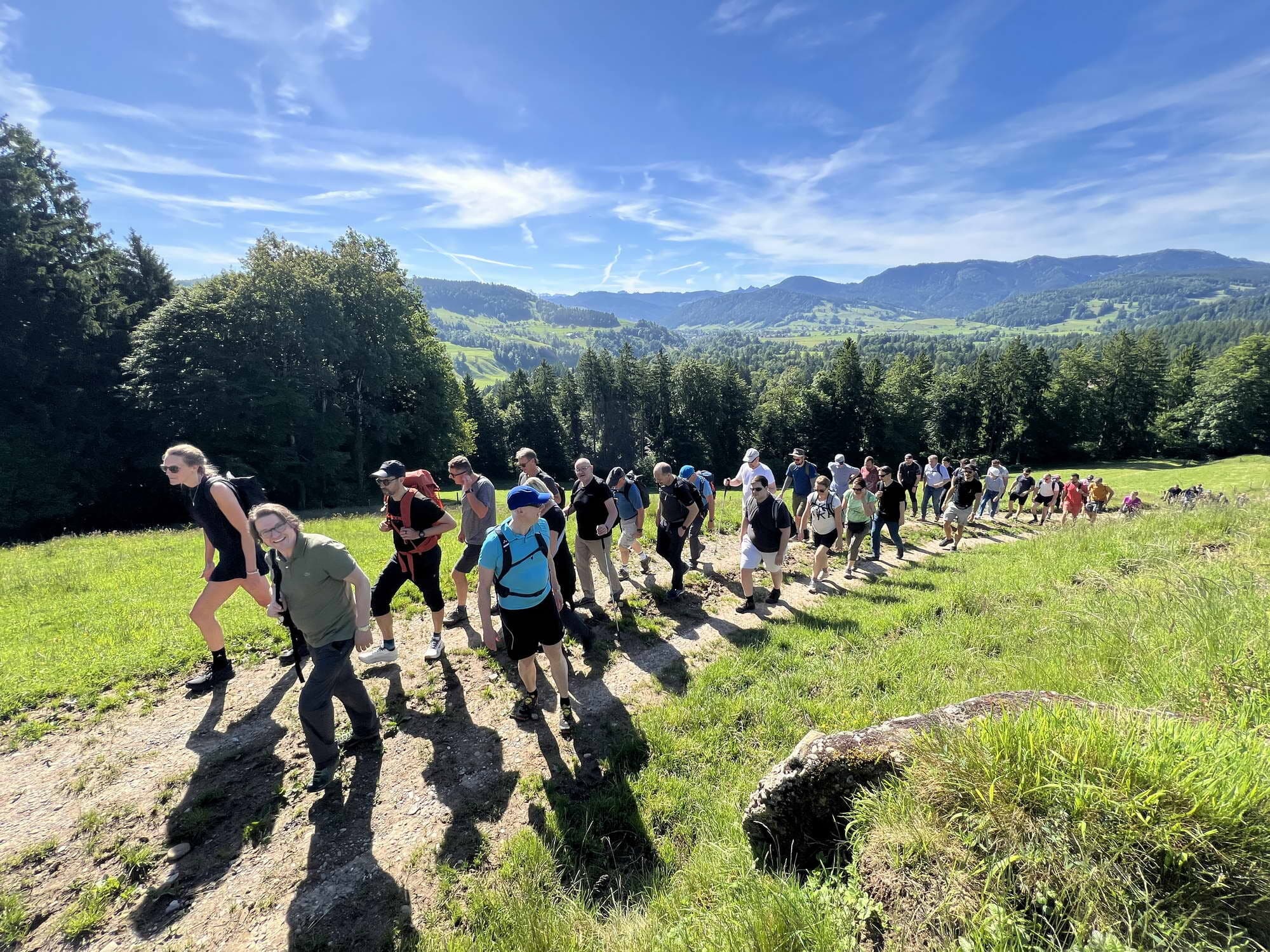 Eine grosse AlpenSalon-Gruppe wandert über eine Bergwiese mit weitem Alpenpanorama
