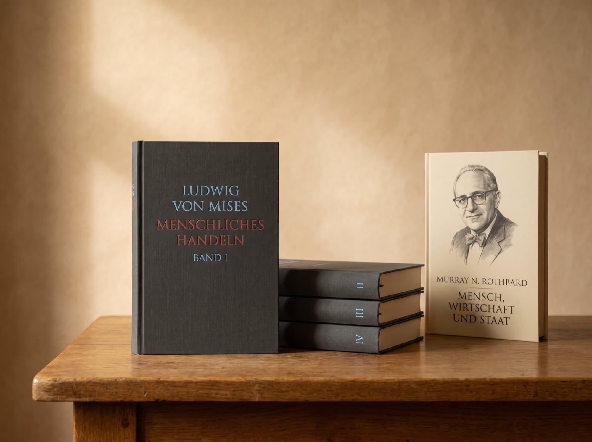 Still life: the four volumes of the German Mises edition Menschliches Handeln beside Rothbard's Mensch, Wirtschaft und Staat