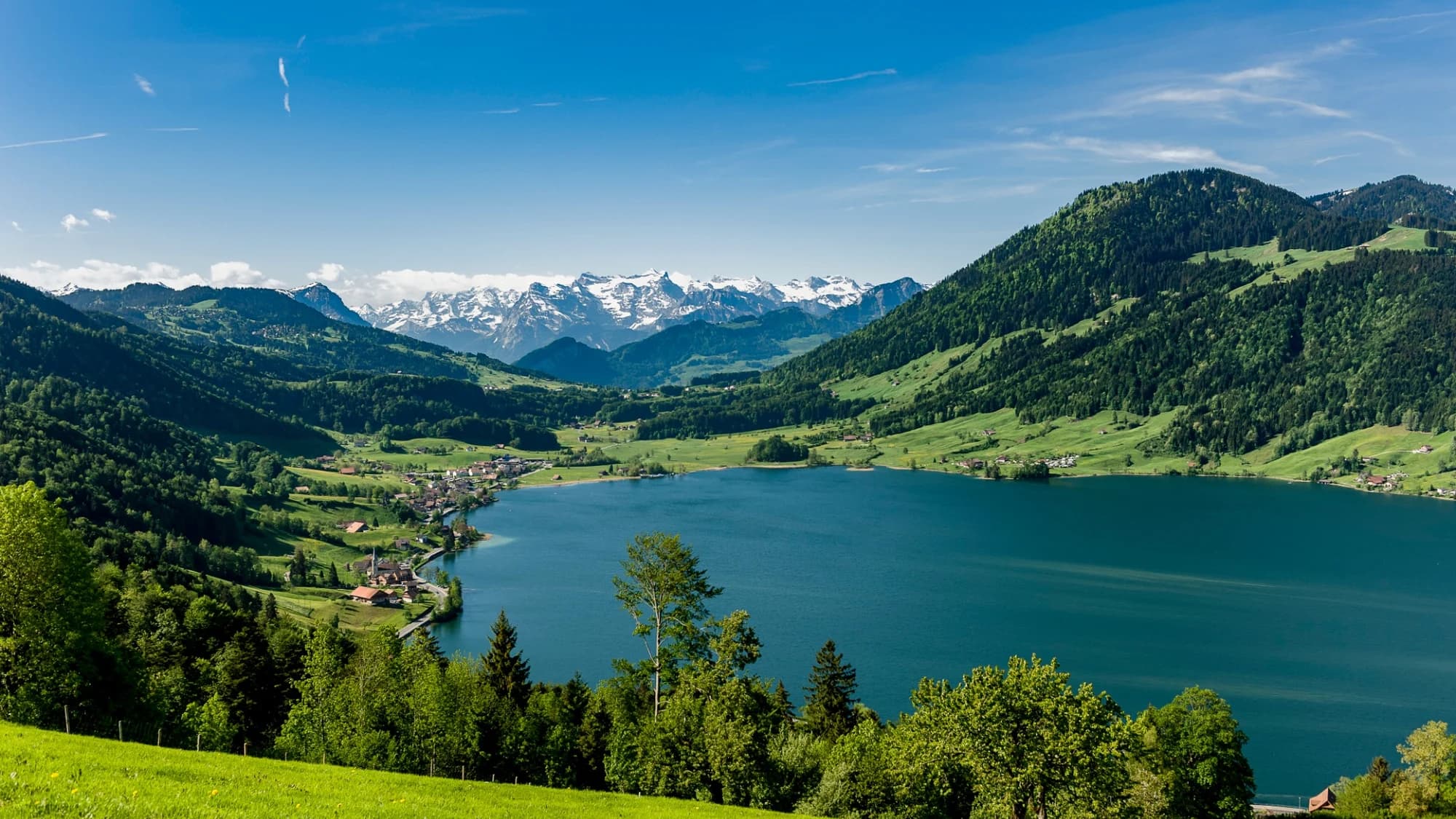 Lake Ägeri before the peaks of the Central Swiss Alps.