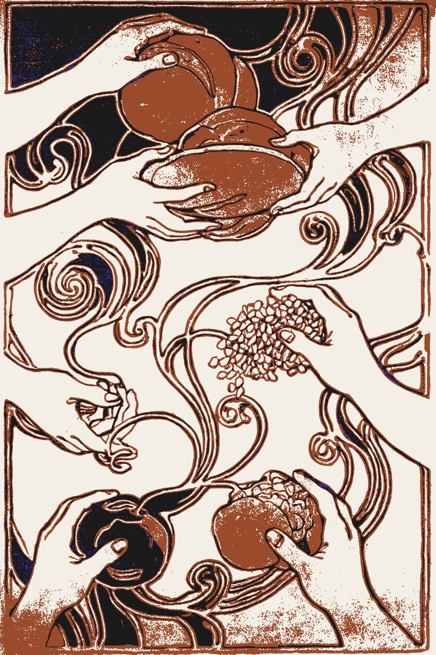 Kapiteltafel zum Prolog im Ver-Sacrum-Stil: flächige Jugendstil-Komposition in Pergament, Siena und Indigo